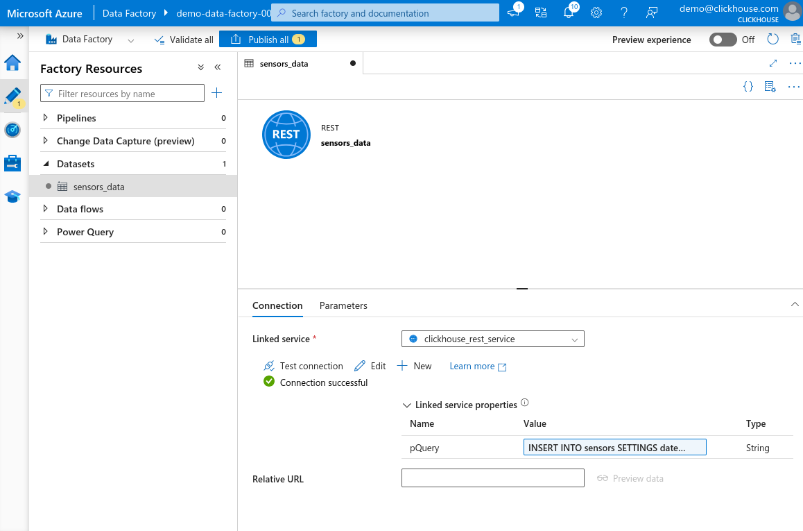 Подключение нового набора данных успешно